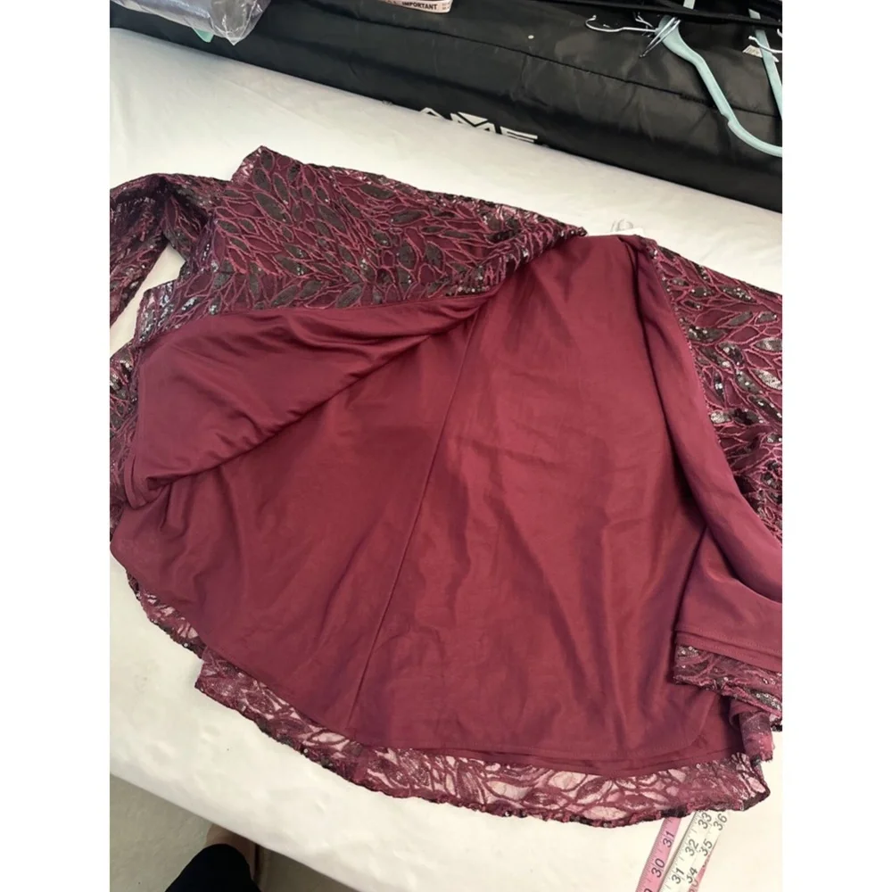 NWT $698 Mac Duggal‎ [ 16 ] Long Sleeve Ruched Sequined V Neck Gown Garnet Red
